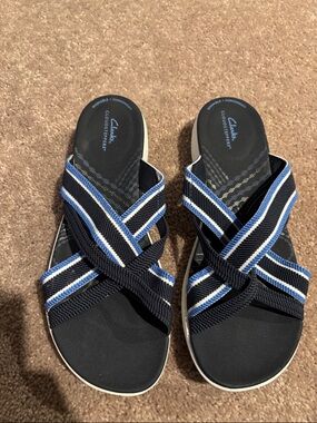 Clarks Black, Navy & Blue Cross-Strap Slide Sandals